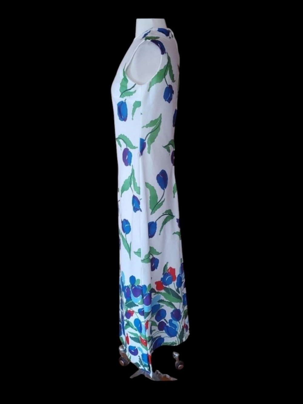 Late 60s/Early 70s Tulip Print Sleeveless Poly Maxi Shift Dress - Picture 4 of 6